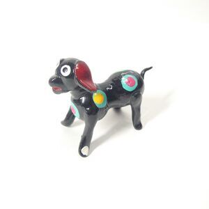 Black Dog Figurine Wagging Tail Handmade Folk Art Mexico Miniature Vintage